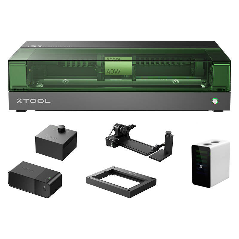 xTool S1 40W lasergraveermachine – All-in-One kit (zwart) met afzuiger, Air Assist en Riser Base