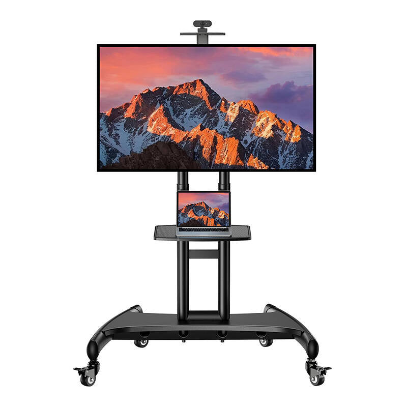 Perlesmith PSTVMC05 verrijdbare tv-standaard 32-82" – tot 45 kg, VESA 600×400, 11 hoogtes, cameraplateau