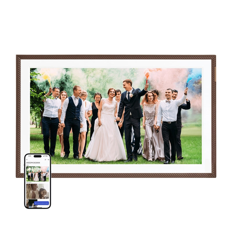 Arzopa D156 digitale fotolijst 15,6" (bruin) – Full HD touch, wifi, 32 GB, app, auto-rotatie