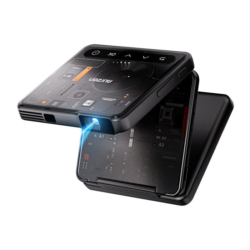 AURZEN ZIP Trifold Cyber opvouwbare projector – Z-Fold 90°+90°, DLP 720p, accu, USB-C PD